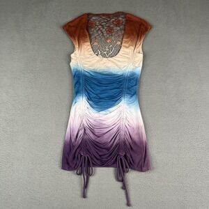 Sky Dress Womens Small Multicolor Ombre Ruched Crochet Back Cap Sleeve Made USA